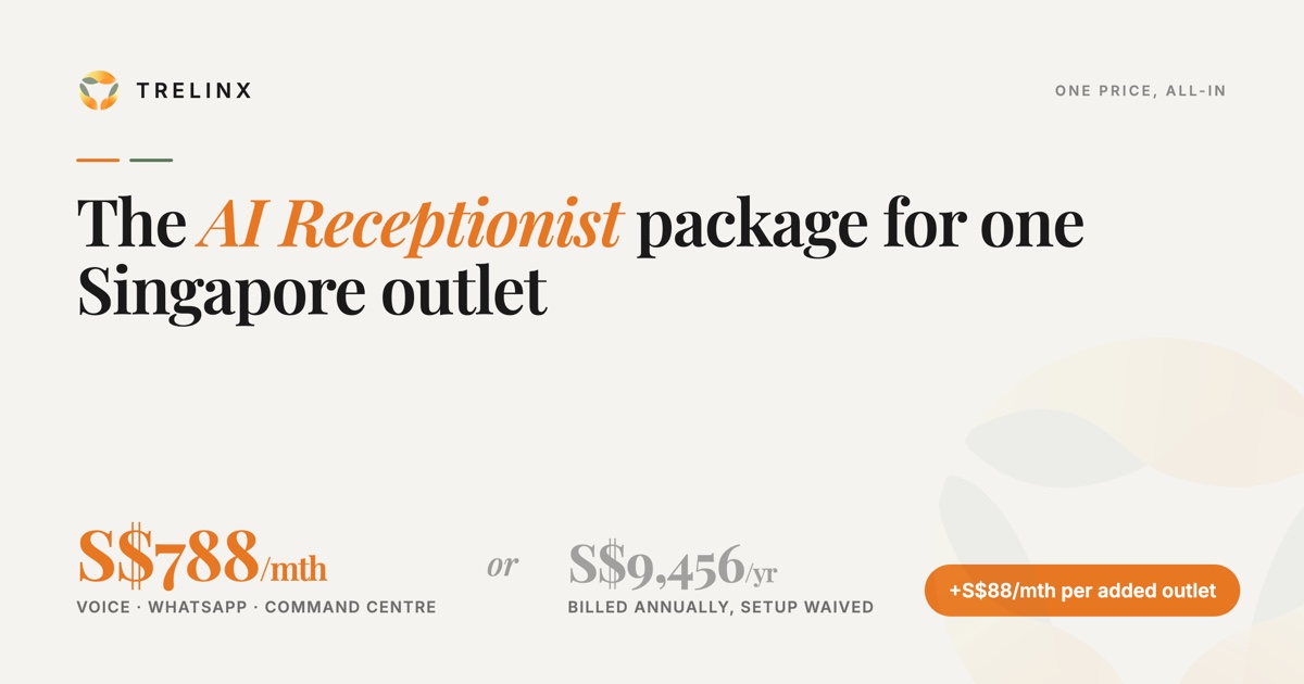 The One Outlet AI Receptionist package, S$788 a month all-in, voice, WhatsApp and the Trelinx App Command Centre for one Singapore outlet.