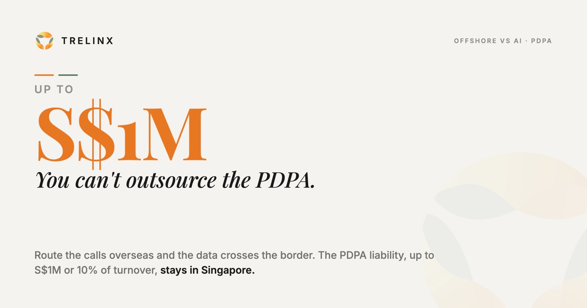 Offshore call handling keeps PDPA accountability in Singapore: exposure up to S$1M or 10% of turnover stays your business's liability, not the offshore provider's.