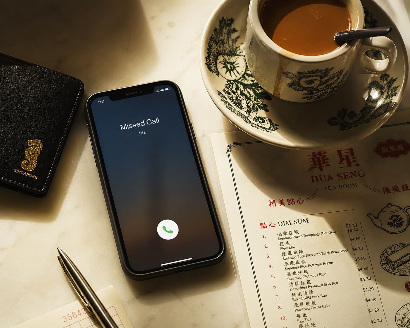 Smartphone with missed call on a marble cafe table beside a kopi cup and dim sum menu in Singapore.