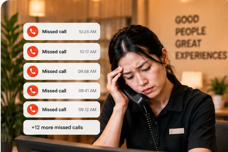 Tuition centre receptionist helping a parent while another parent calls